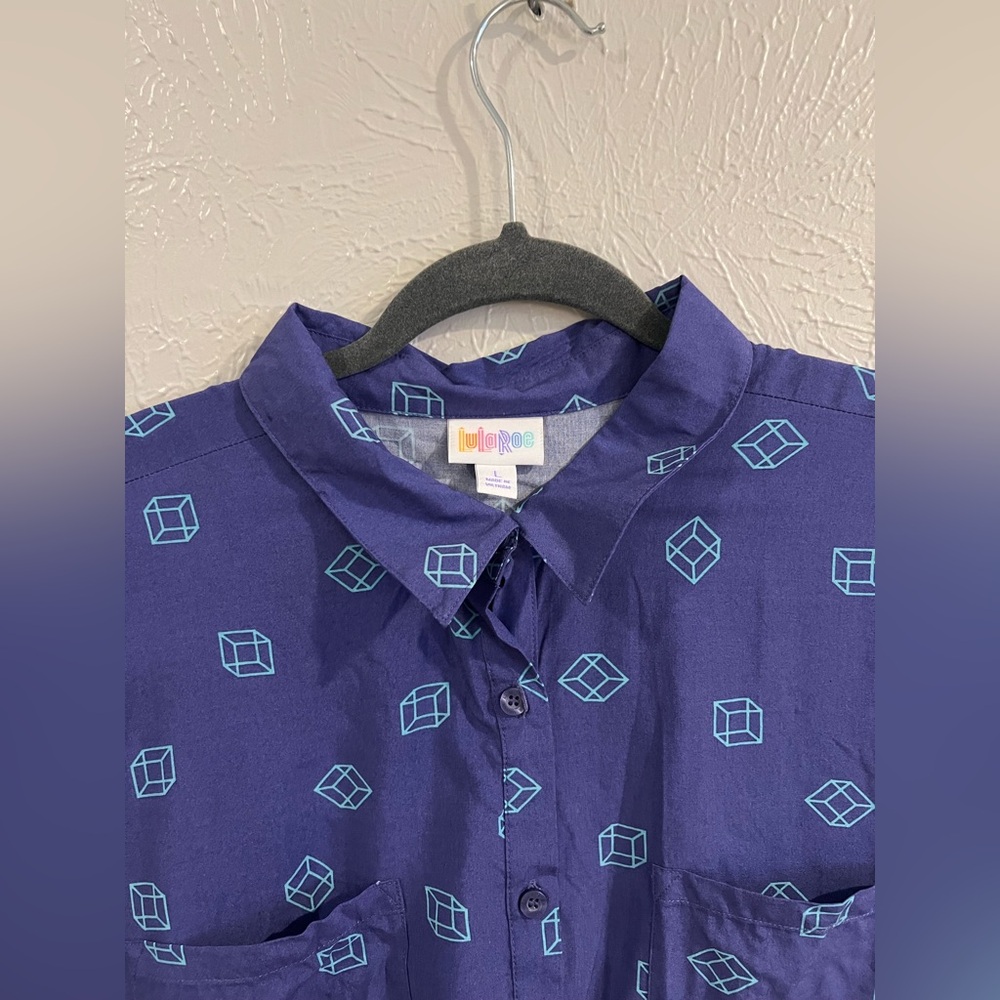 LuLaRoe Blue Geometric Print Button Down Shirt - Picture 3 of 8